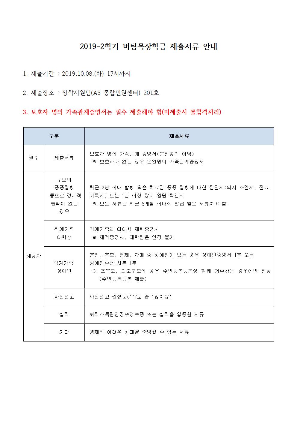 2019-2학기 버팀목장학금 제출서류 안내
