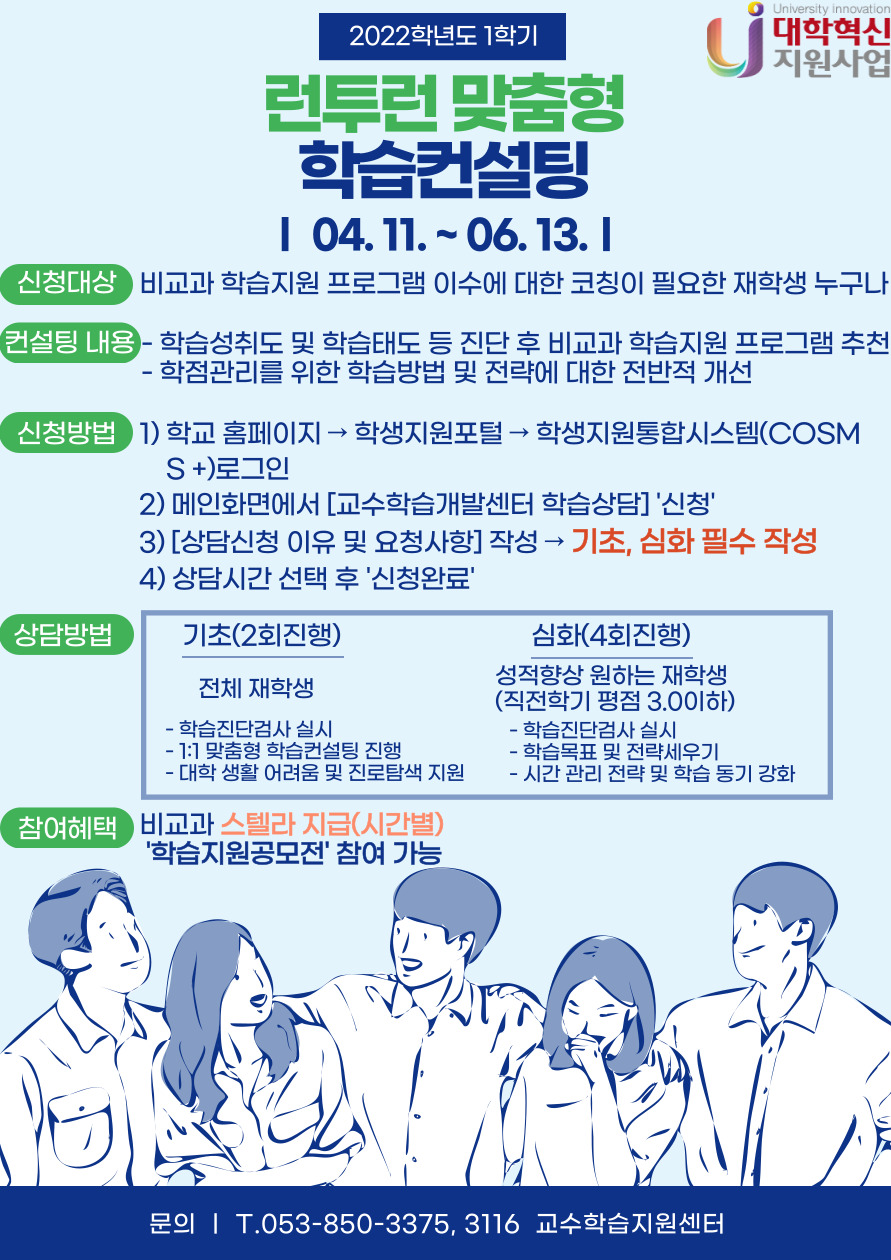 런투런 맞춤형 학습컨설팅


1. 신청대상
● 비교과 학습지원 프로그램 이수에 대한 코칭이 필요한 재학생 누구나

2. 신청일정
● 2022. 04. 11. ~ 06. 13.

3. 컨설팅 내용
● 학습성취도 및 학습태도 등을 진단하여 비교과 학습지원 프로그램 추천
● 학점관리를 위한 학습방법 및 전략에 대한 전반적 개선

4. 신청방법
① 학교 홈페이지→학생지원포털→학생지원통합시스템(COSMOS+) 로그인
② 메인화면에서 [교수학습개발센터 학습상담] “신청”
③ [상담신청 이유 및 요청사항] 작성→ 기초, 심화 중 원하는 상담방법 반드시 작성
④ 상담시간 선택 후 “신청완료” 

5. 상담방법
● 기초(2회 진행) : 전체 재학생
  - 학습진단검사 실시
  - 1:1 맞춤형 학습컨설팅 진행
  - 대학 생활 어려움 및 진로탐색 지원
● 심화(4회 진행) : 성적향상 원하는 재학생(직전학기 평점 3.0 이하)
  - 학습진단검사 실시
  - 학습목표 및 전략세우기
  - 시간 관리 전략 및 학습 동기 강화

6. 참여 혜택 
● 비교과 스텔라 지급

7. 문의 
● 교수학습지원센터 053-850-3375, 3116