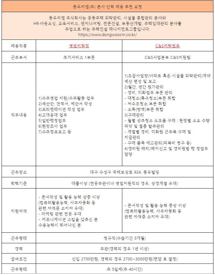[추천채용] 동우씨엠 영업지원, C&S 지원 신입 채용 건(~3/29) > 채용정보 > 공지사항 > 커뮤니티 [추천채용] 동우씨엠 영업지원, C&S 지원 신입... 