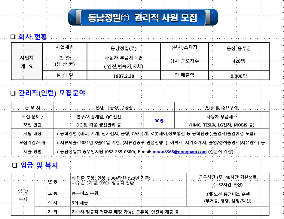 [채용] 동남정밀(주) 관리직(인턴) 채용 공고 > 진로·취업공지 > 공지사항 > 커뮤니티 [채용] 동남정밀(주) 관리직(인턴) 채용 공고