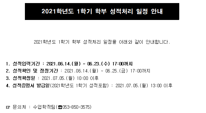 2021학년도 1학기 학부 성적처리 일정 안내
2021학년도 1학기 학부 성적처리 일정을 아래와 같이 안내합니다.
1. 성적입력기간 : 2021.06.14.(월) ~ 06.23.(수) 17:00까지
2. 성적확인 및 정정기간 : 2021.06.14.(월) ~ 06.25.(금) 17:00까지
3. 성적확정일 : 2021.07.05.(월) 10:00 이후
4. 성적증명서 발급일(2021학년도 1학기 성적포함) : 2021.07.05.(월) 13:00 이후
☞ 문의처 : 수업학적팀(☎053-850-3575)