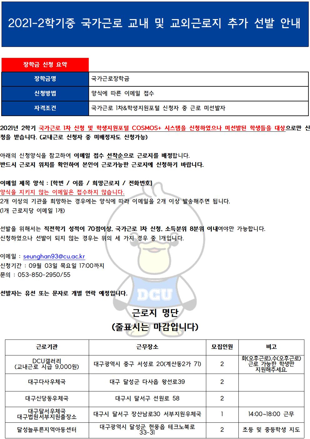 2021년 2학기 국가근로 1차 신청 및 학생지원포털 COSMOS+ 시스템을 신청하였으나 미선발된 학생들을 대상으로만 신청을 받습니다. (교외근로 신청자 중 미배정자도 신청가능)

아래의 신청양식을 참고하여 이메일 접수 선착순으로 근로지를 배정합니다.
반드시 근로지 위치 및 비고를 확인하여 본인이 근로가능한 근로지에 신청하기 바랍니다. 

이메일 제목 양식 : [학번 / 이름 / 희망근로지 / 전화번호]
양식을 지키지 않는 이메일은 접수하지 않습니다.


이메일 : seunghan93@cu.ac.kr
신청기간 : 근로선발 시 종료
문의 : 053-850-2950