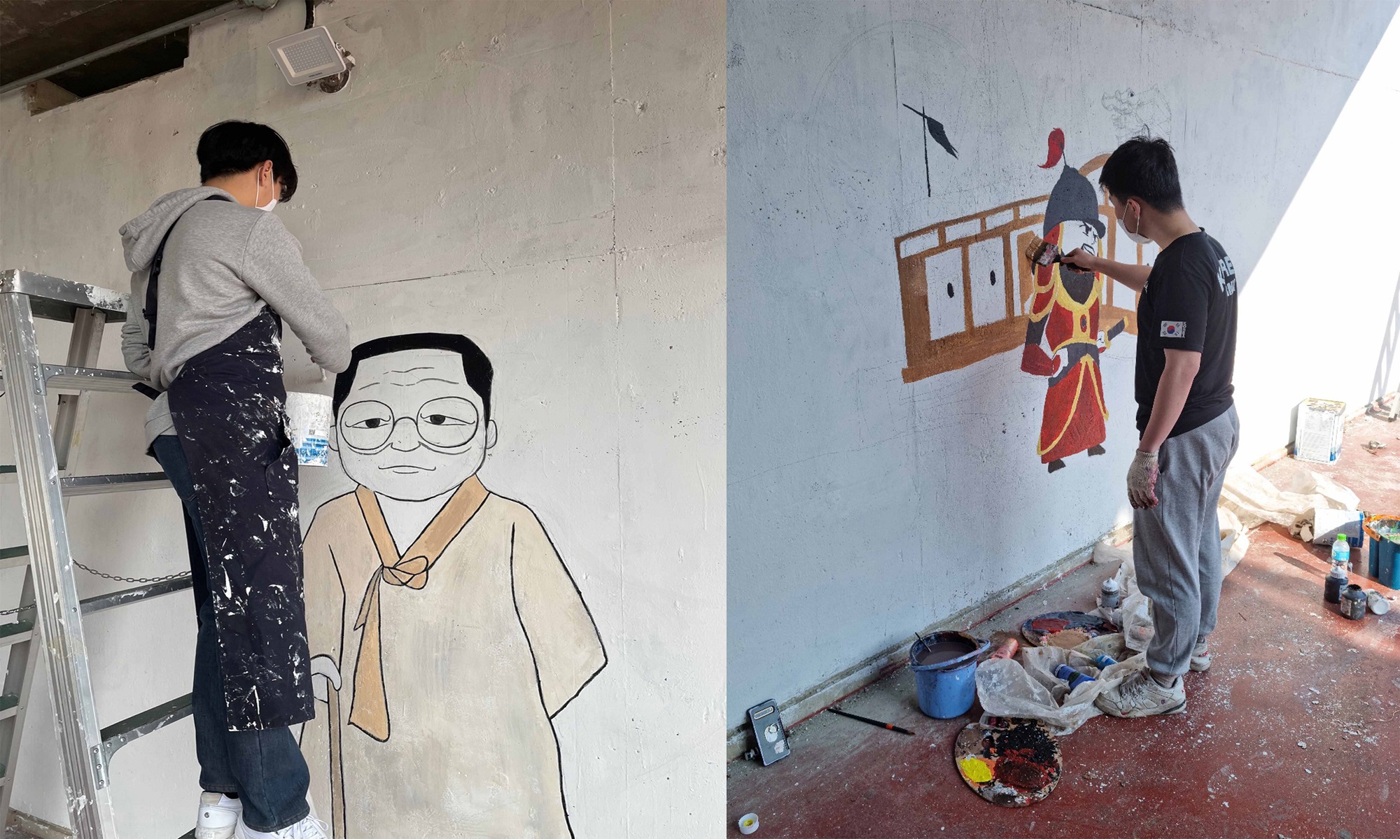‘무학교 벽화 그리기 프로젝트’에 참여한 대구가톨릭대 역사교육과 학생들이 밑그림 및 색칠 작업을 하고 있다